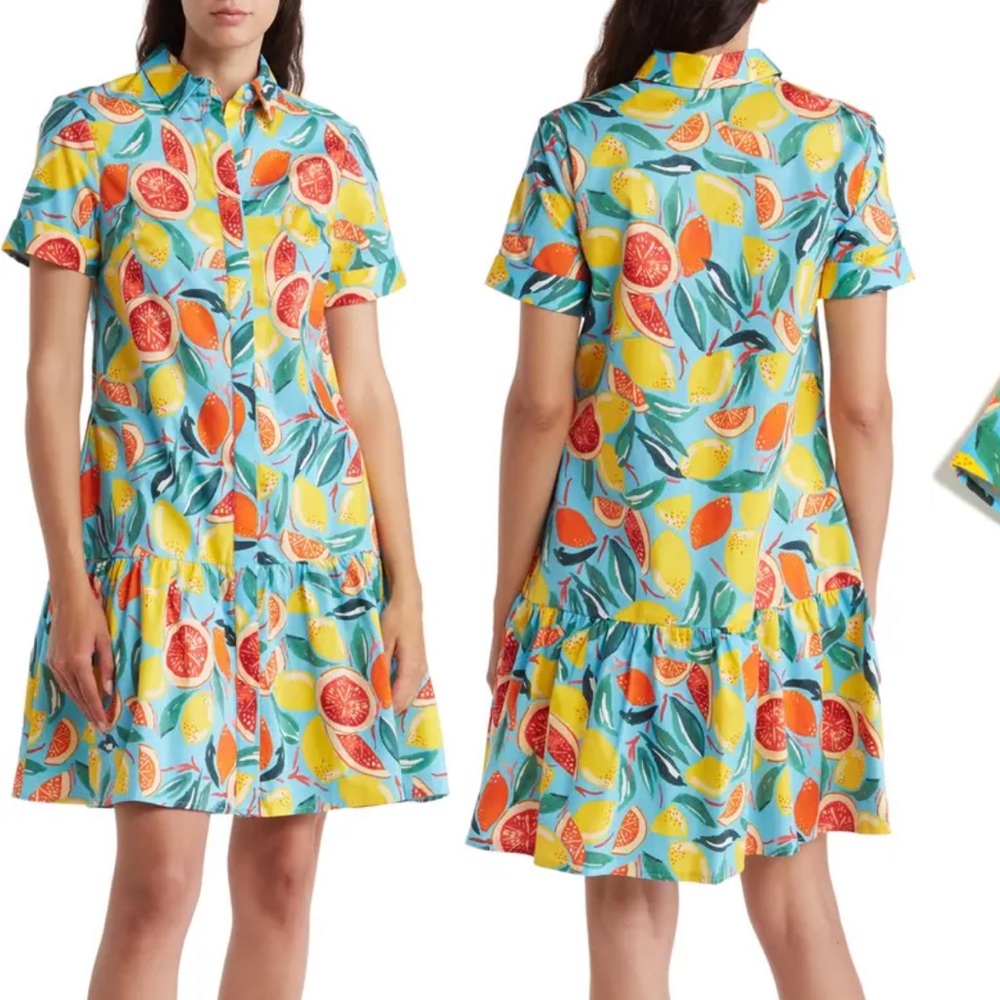 NWT Donna Morgan Fruit Print Short Sleeve Shirtdress 2 Blue Multicolor